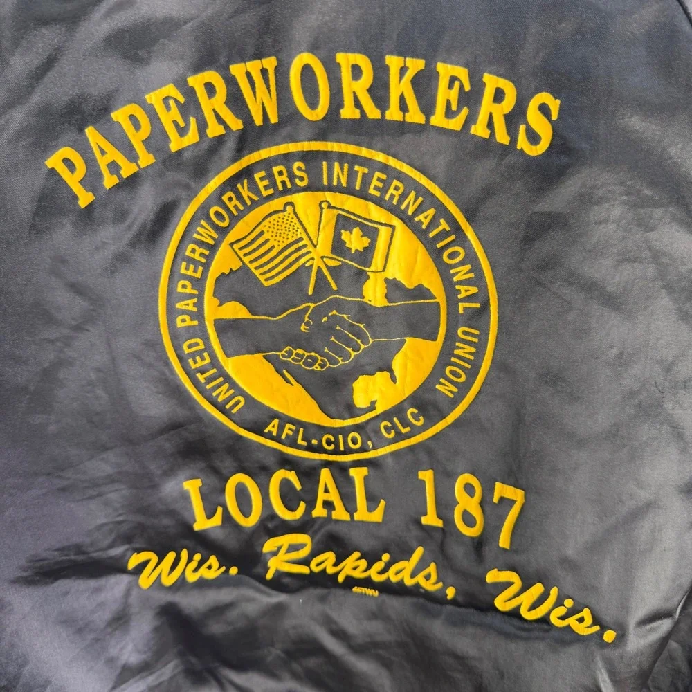 King‎ Louie Pro Fit Bomber Jacket Men L Black Paperworkers Union Satin Vintage